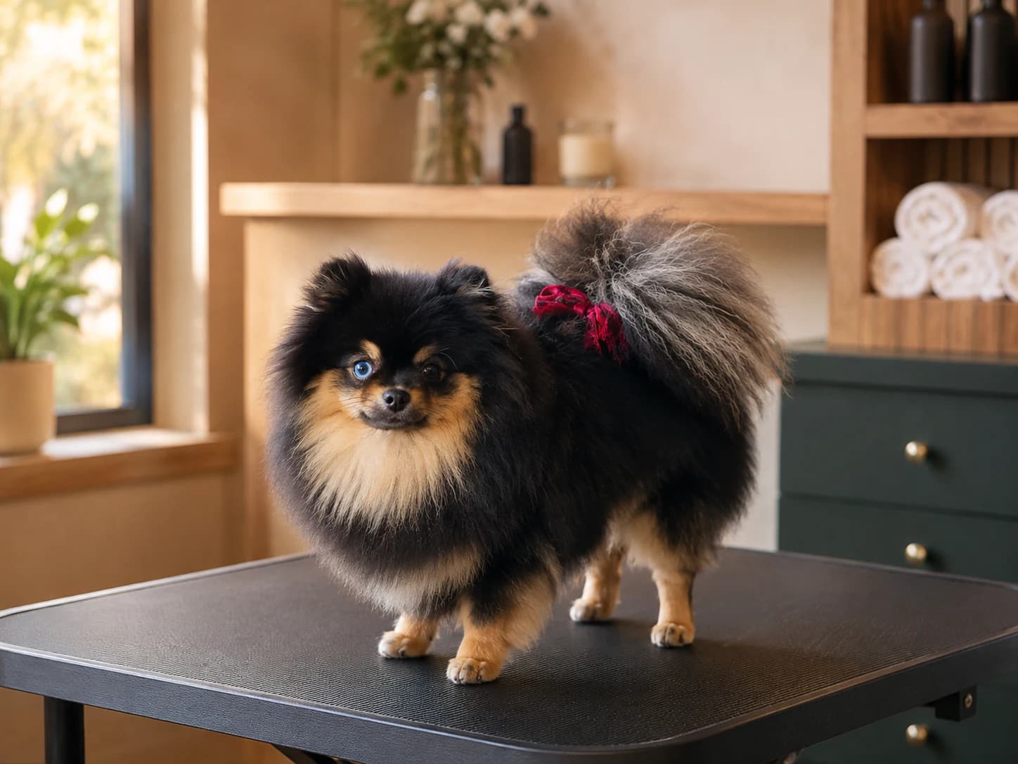 Nathalie’s black and tan Spitz with a dense coat on a grooming table