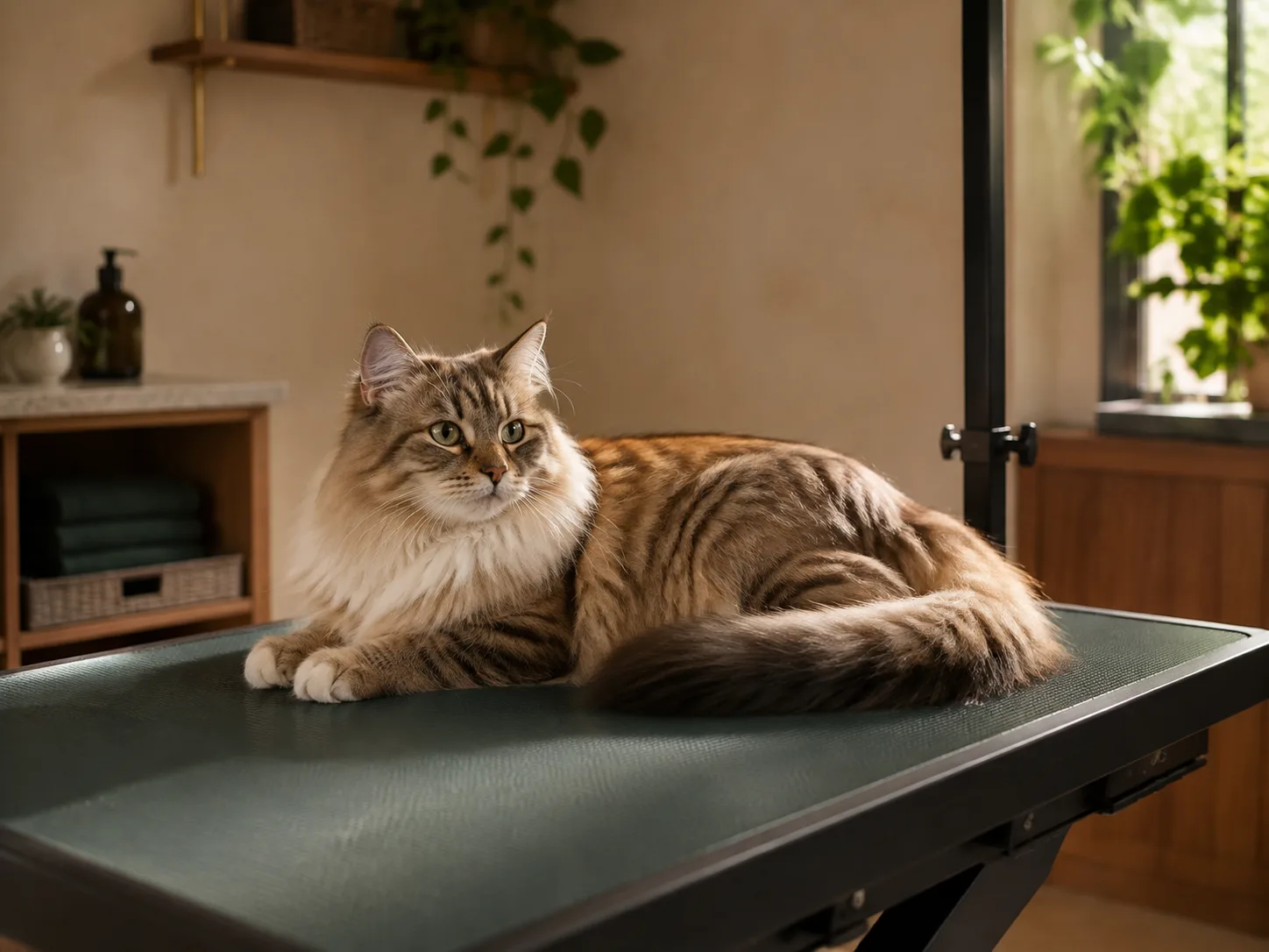 Chat à poil long accueilli calmement au salon